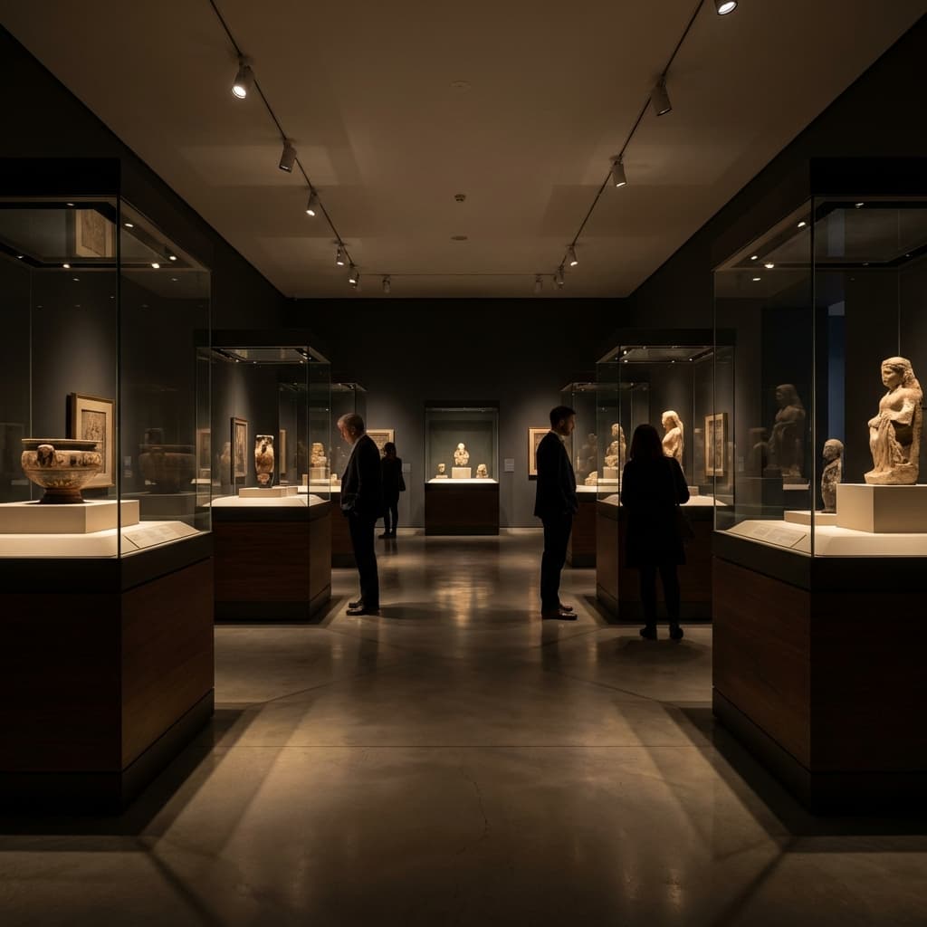 Moderne Museumsausstellung mit dramatischer Beleuchtung